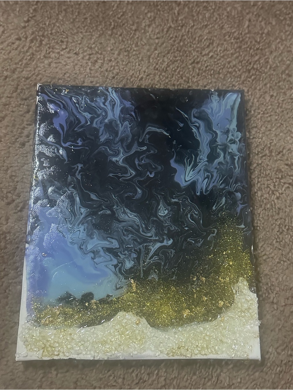 Handmade Abstract Resin Wall Art in Black, Blue & Gold Texture